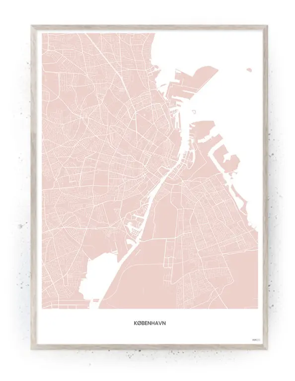 Minimalistisk bykort over København i lyserøde nuancer med hvide vejlinjer, indrammet i en lys træramme.